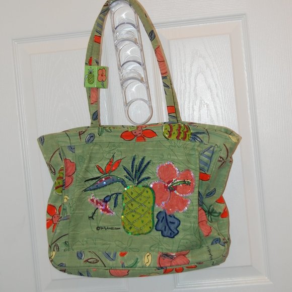 Sally Huss Large Green Pineapple/Flowers W/ Sequin Trim Tote 15" W  x  12" H - Picture 1 of 15
